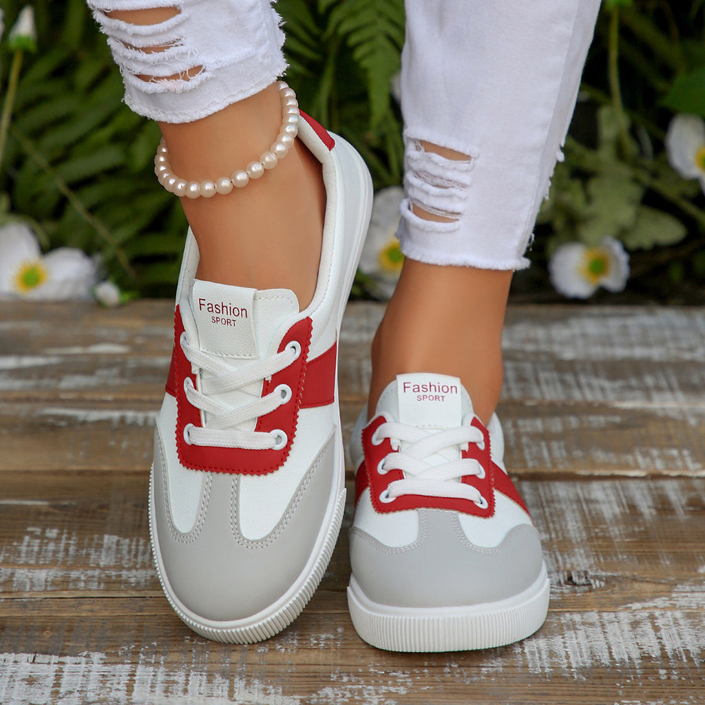 Korean-Style Women's Breathable Flat Sneakers – Color-Block Casual Shoes in Black & Red