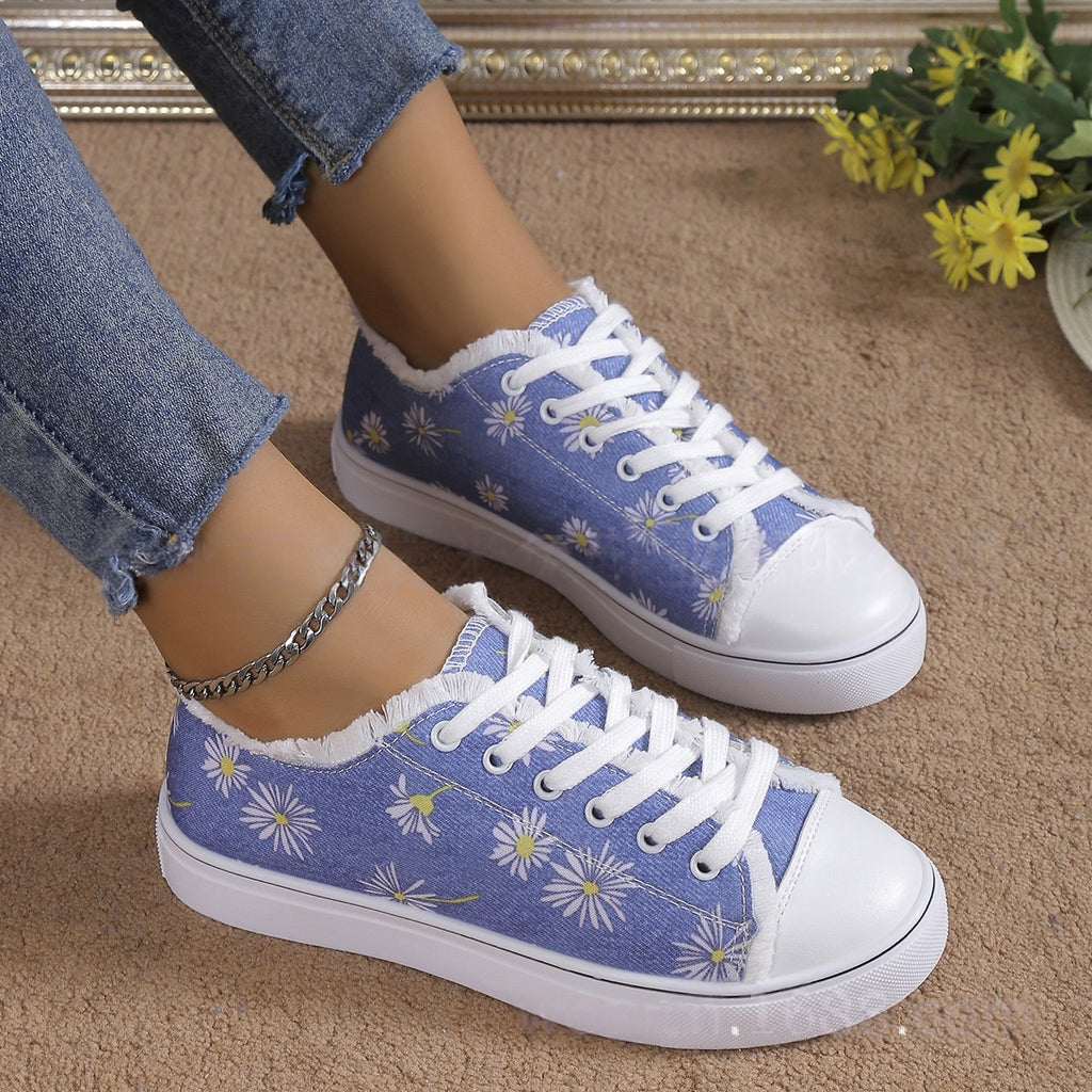 Women's Floral Canvas Flat Sneakers – Breathable Lace-Up Casual Shoes