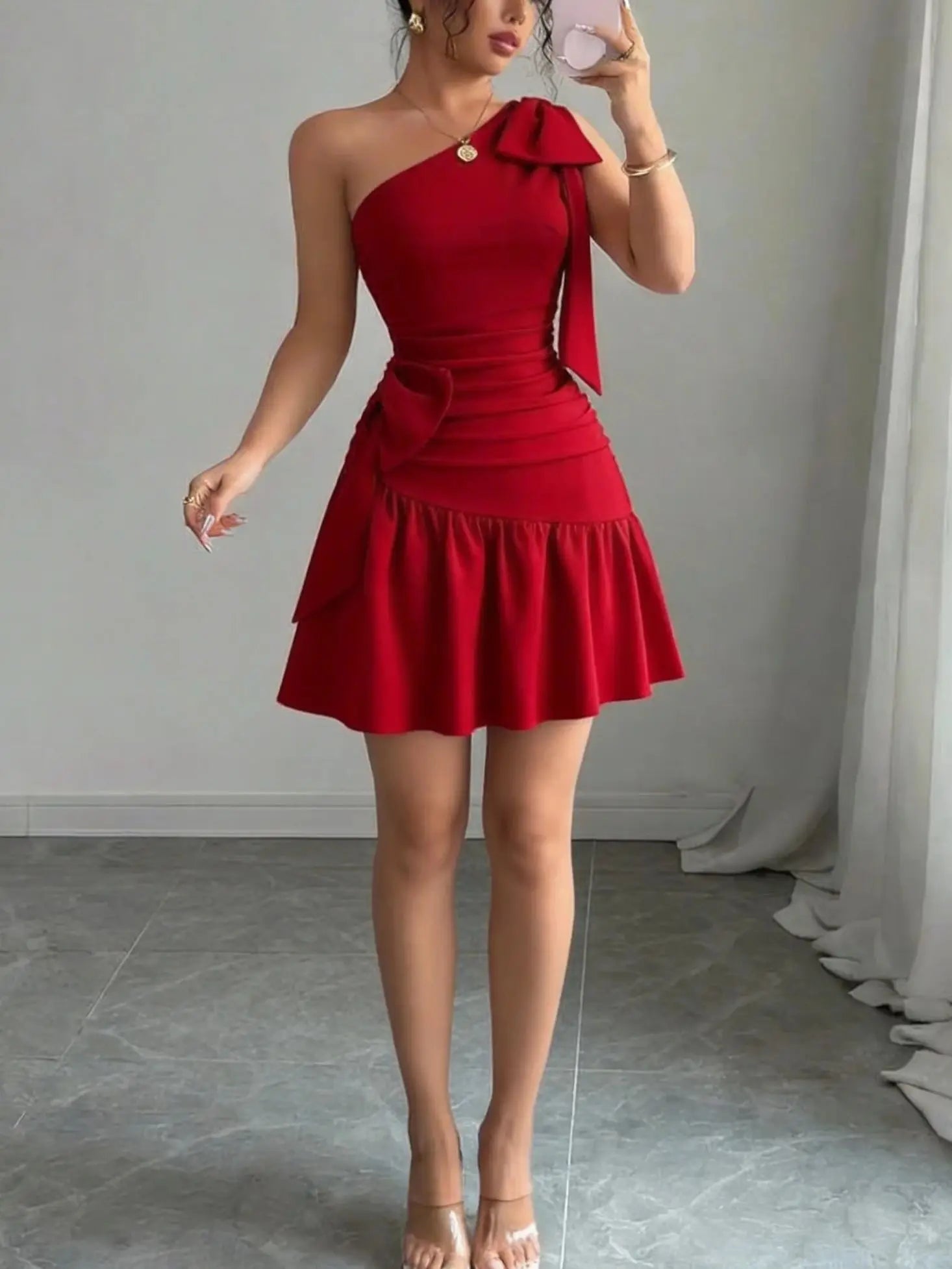 Red one shoulder bow adorned ruched short dress,Red asymmetrical strap bow slim fit dress,Red one shoulder ruffled mini dress
