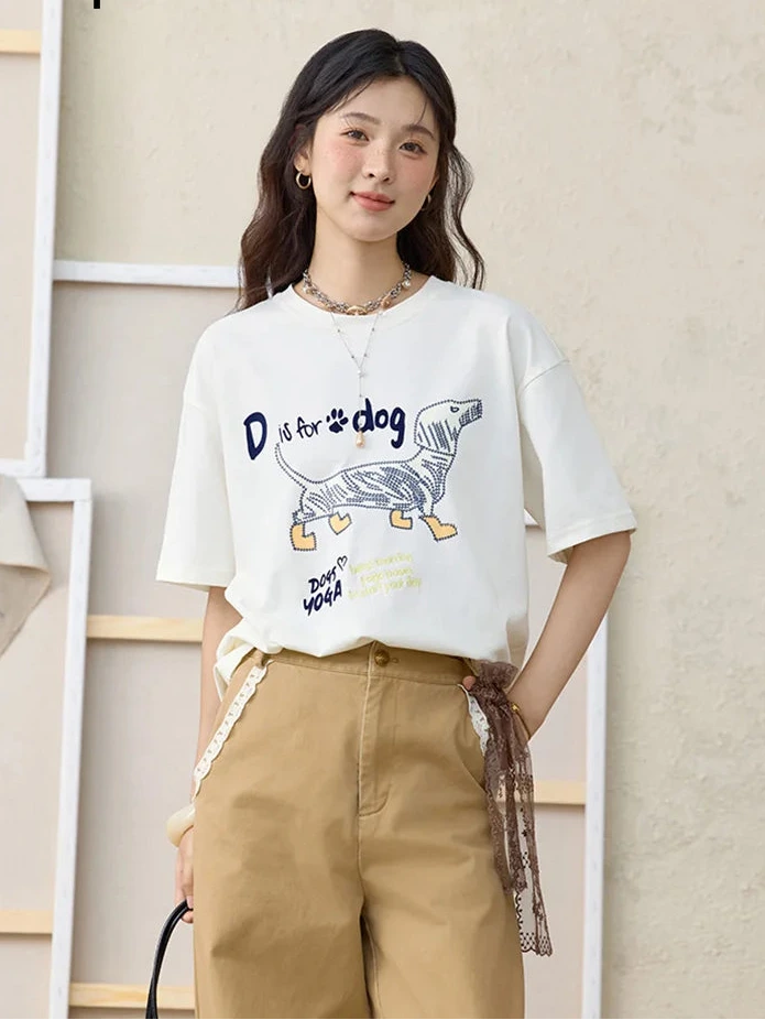 Women's Flocked Puppy Print Short Sleeve Top | Casual Loose Round Neck Tee