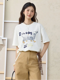 Women's Flocked Puppy Print Short Sleeve Top | Casual Loose Round Neck Tee