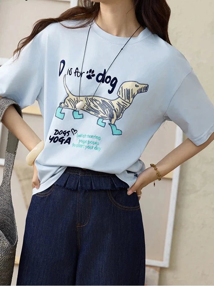 Women's Flocked Puppy Print Short Sleeve Top | Casual Loose Round Neck Tee
