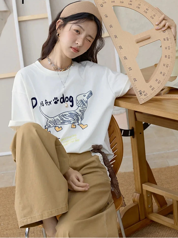 Women's Flocked Puppy Print Short Sleeve Top | Casual Loose Round Neck Tee