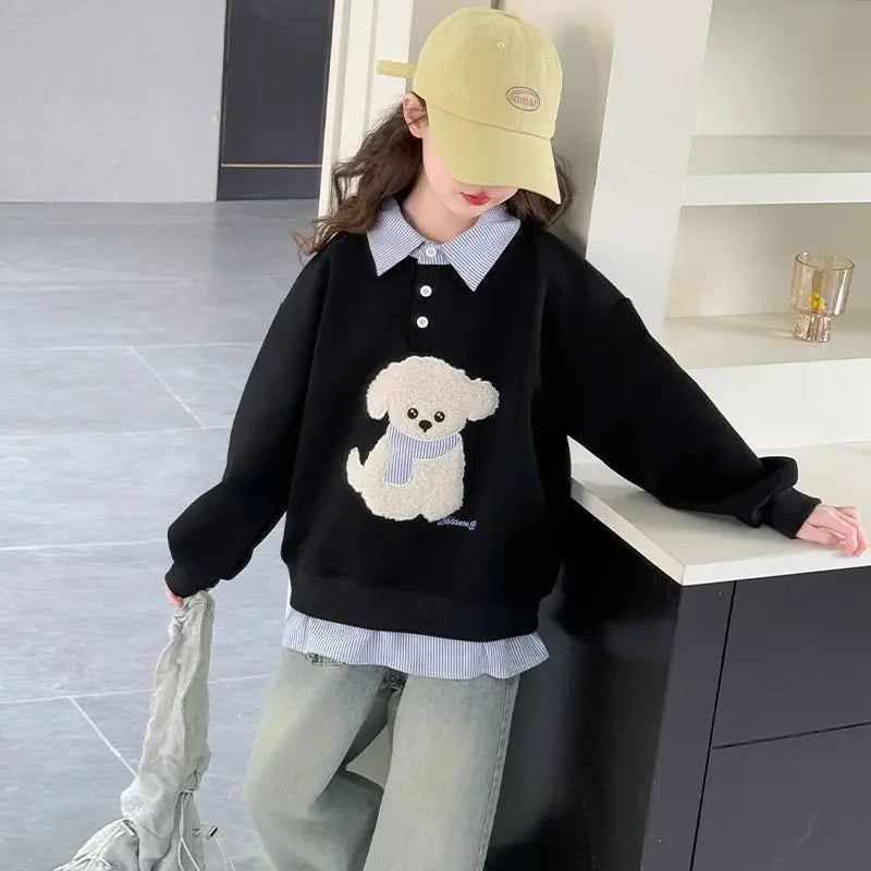 Girls Faux Two-Piece Polo Hoodie – Cartoon Puppy Sweatshirt | Sizes 120–170cm