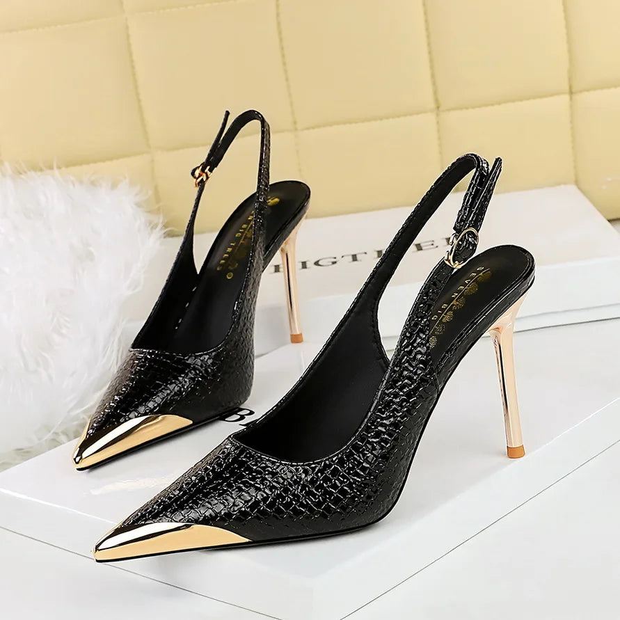 Women's Metal Chain Stiletto Pumps – 9.5cm Patchwork Elegant High Heels