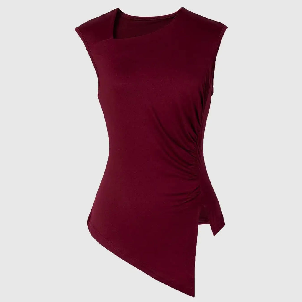 Burgundy Sleeveless Ruched Top | Asymmetric Hem One-Shoulder Women's Blouse