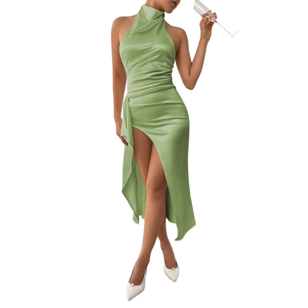 Ruched Backless Bodycon Maxi Dress – Round Neck Sexy Split Long Dress