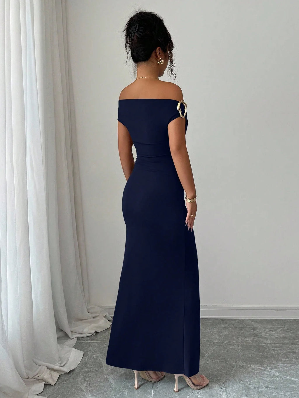 Off-Shoulder Boat Neck Evening Gown – Elegant Ankle-Length Dress for Women