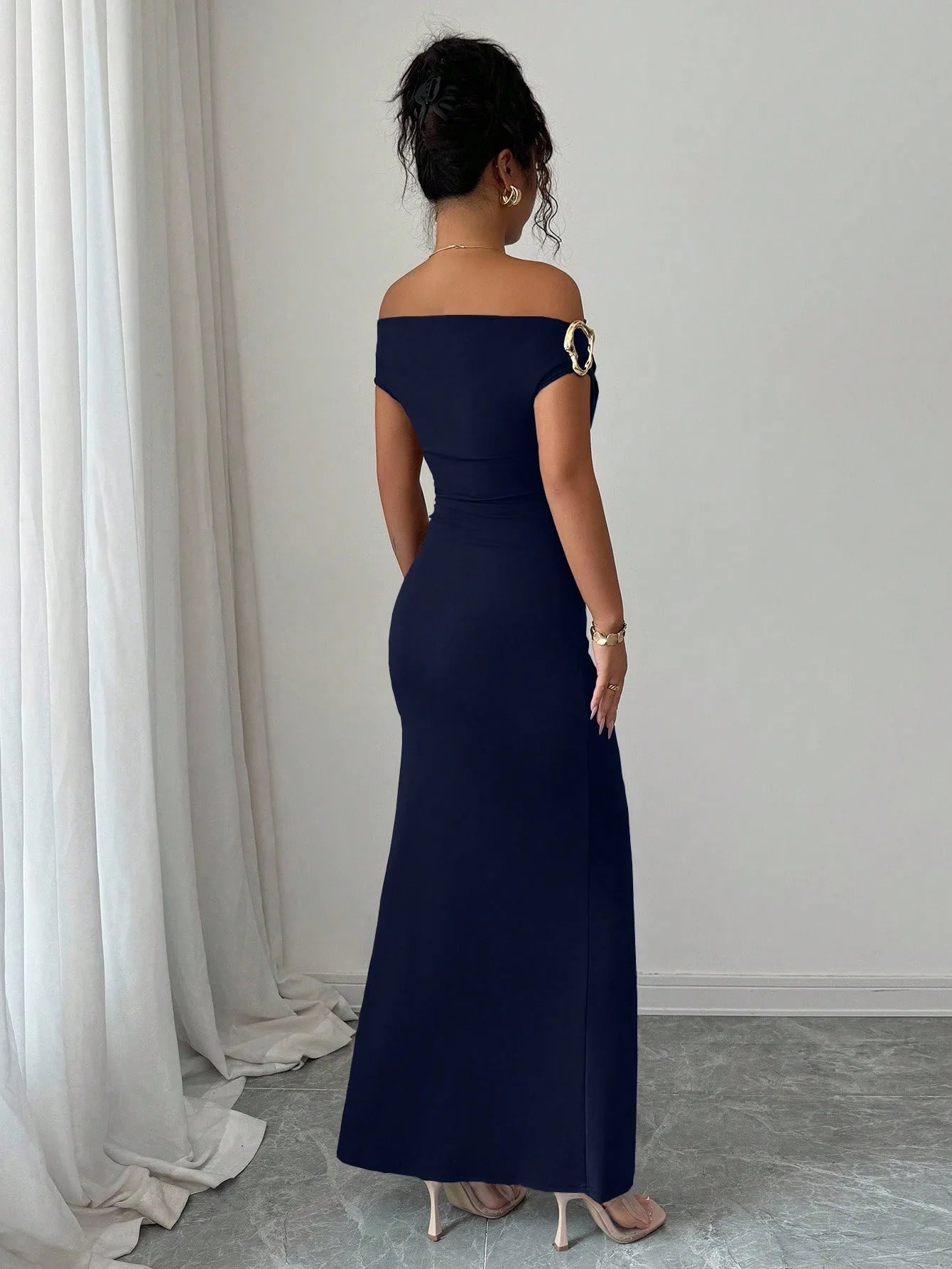Off-Shoulder Boat Neck Evening Gown – Elegant Ankle-Length Dress for Women