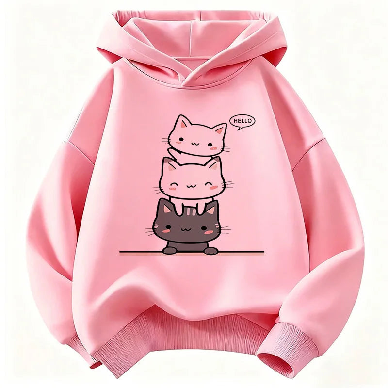 Kids Hello Kawaii Cat & Flower Hoodie – Cute Graphic Sweatshirt for Boys & Girls | Sizes 110–160