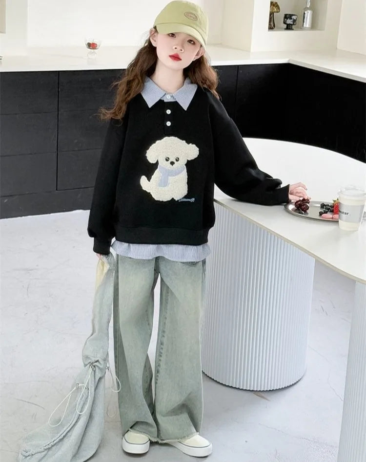 Girls Faux Two-Piece Polo Hoodie – Cartoon Puppy Sweatshirt | Sizes 120–170cm