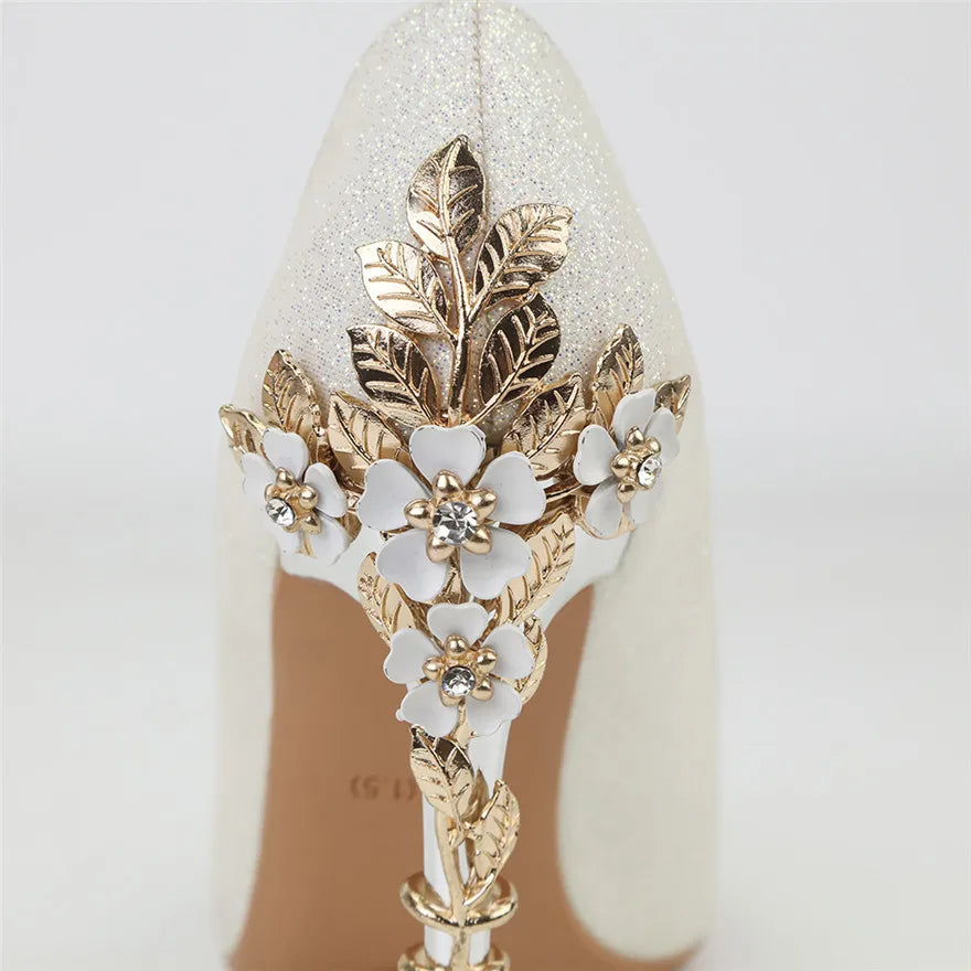 Women's Sequin Metal Flower Stiletto Pumps – Shiny Wedding High Heels