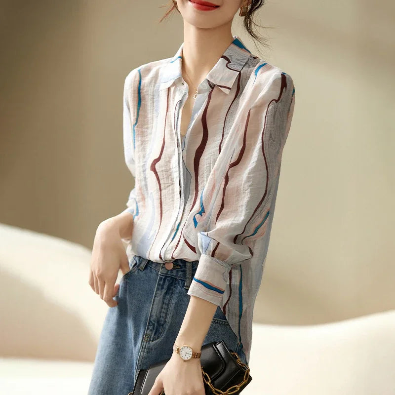 Women's Sheer Printed Chiffon Blouse | Long Sleeve Office Lady Top