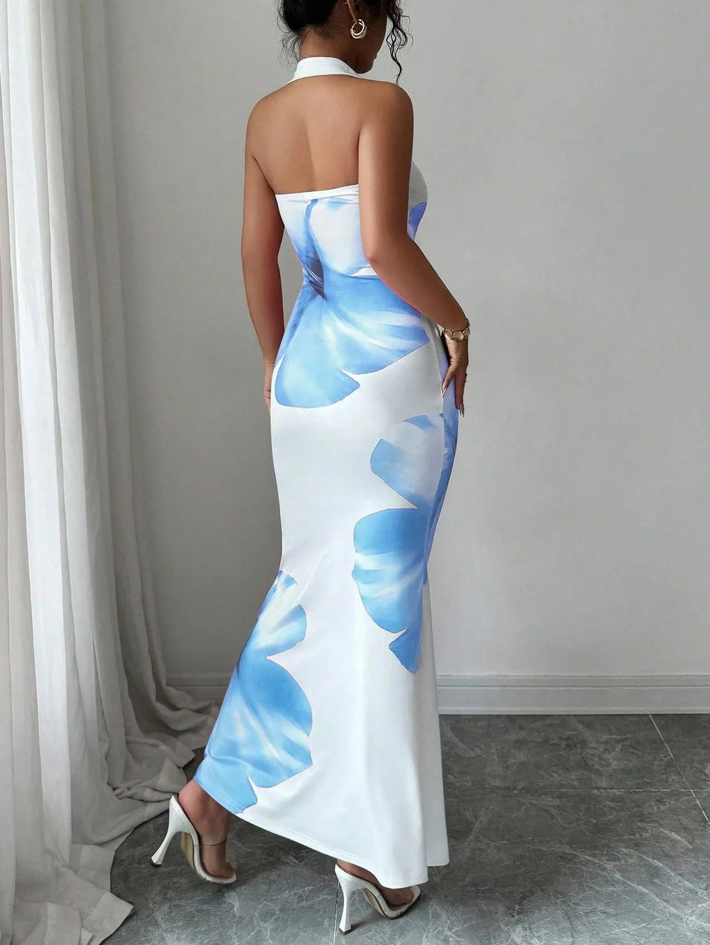Halter Neck Printed Bodycon Dress – Sexy French Style Wedding Guest Midi Dress