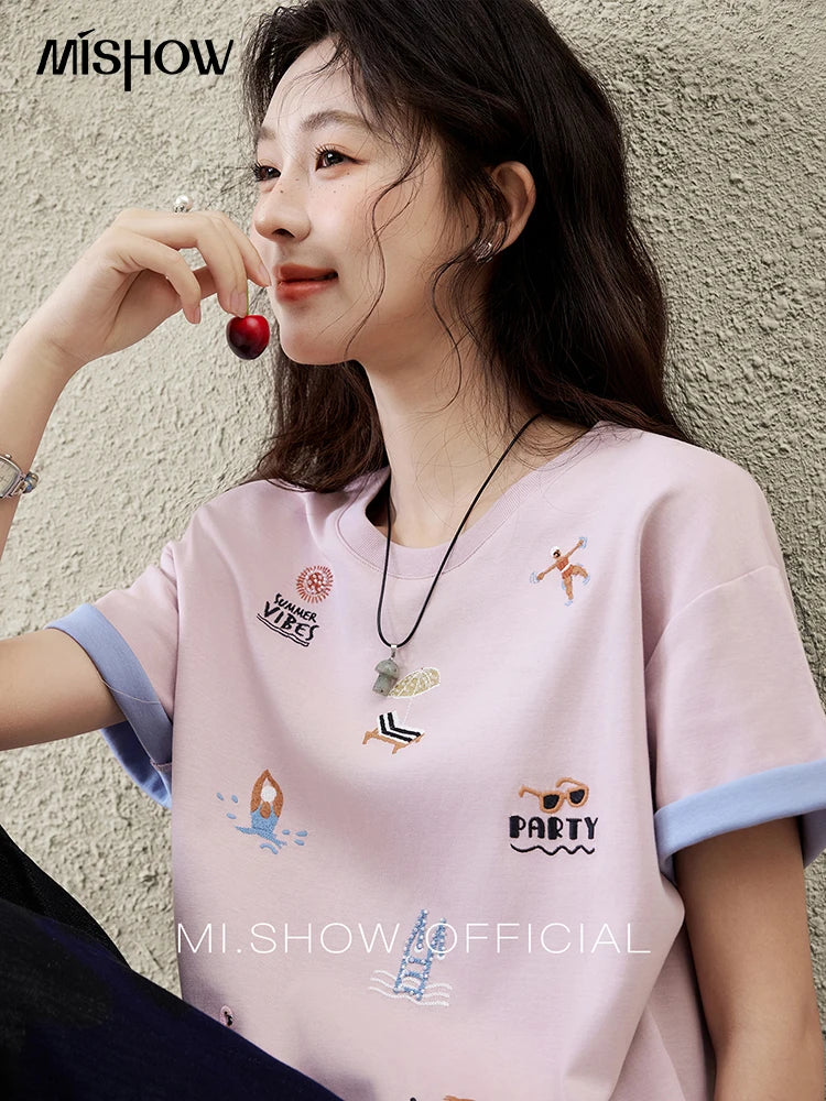 Women's Embroidered Casual Short Sleeve Top | Fashion Round Neck Cotton Tee