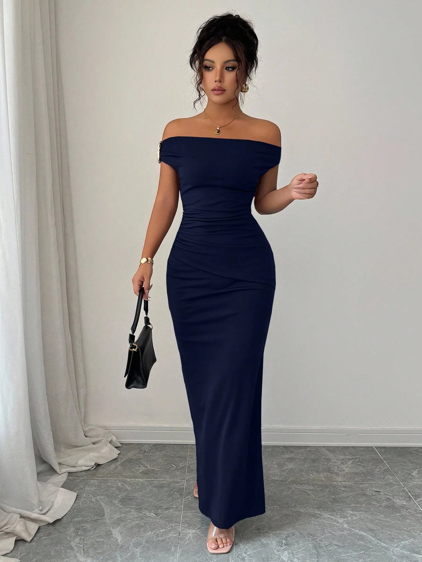 Off-Shoulder Boat Neck Evening Gown – Elegant Ankle-Length Dress for Women