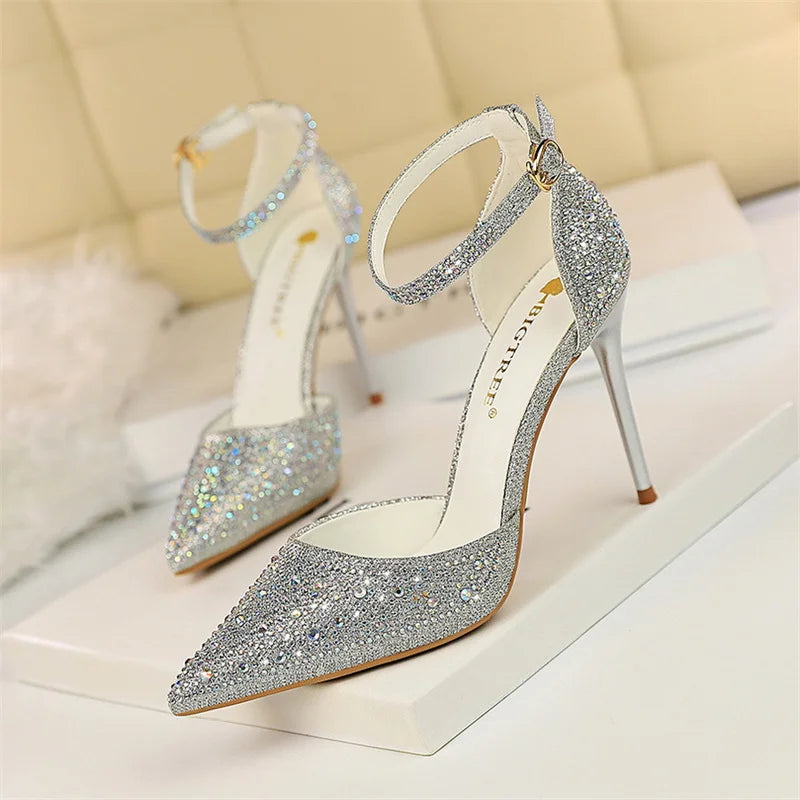 Women's Crystal Rhinestone Stiletto Sandals – Champagne Gold Wedding Heels