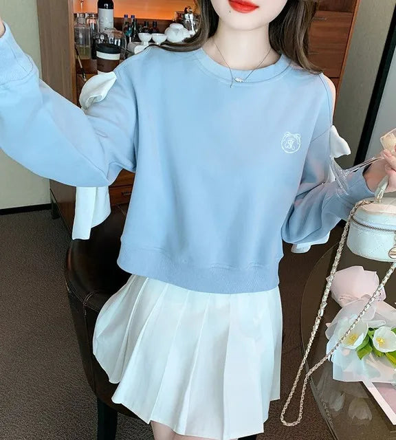 Women's Off-Shoulder Pullover Sweatshirt – Korean Harajuku Style | Pink & Blue