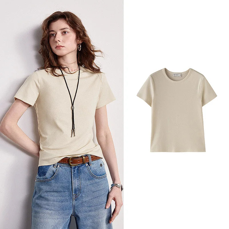 Women's Lyocell Linen Slim Fit Short Sleeve Top | Sequin Detail Cool Versatile Tee