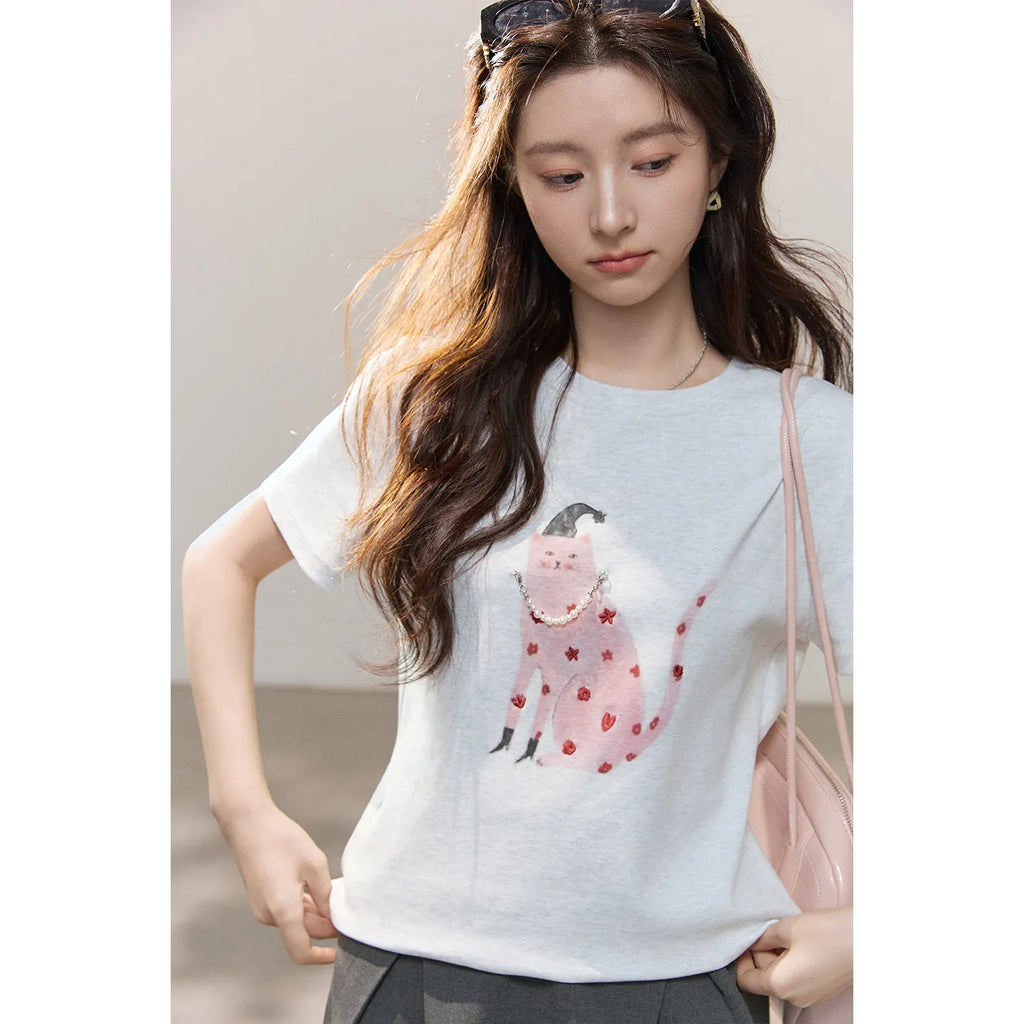 Women's Cartoon Cat Print Cotton T-Shirt | Casual Loose Soft Crew Neck Short Sleeve Tee