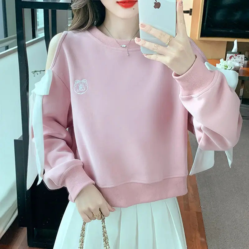 Women's Off-Shoulder Pullover Sweatshirt – Korean Harajuku Style | Pink & Blue