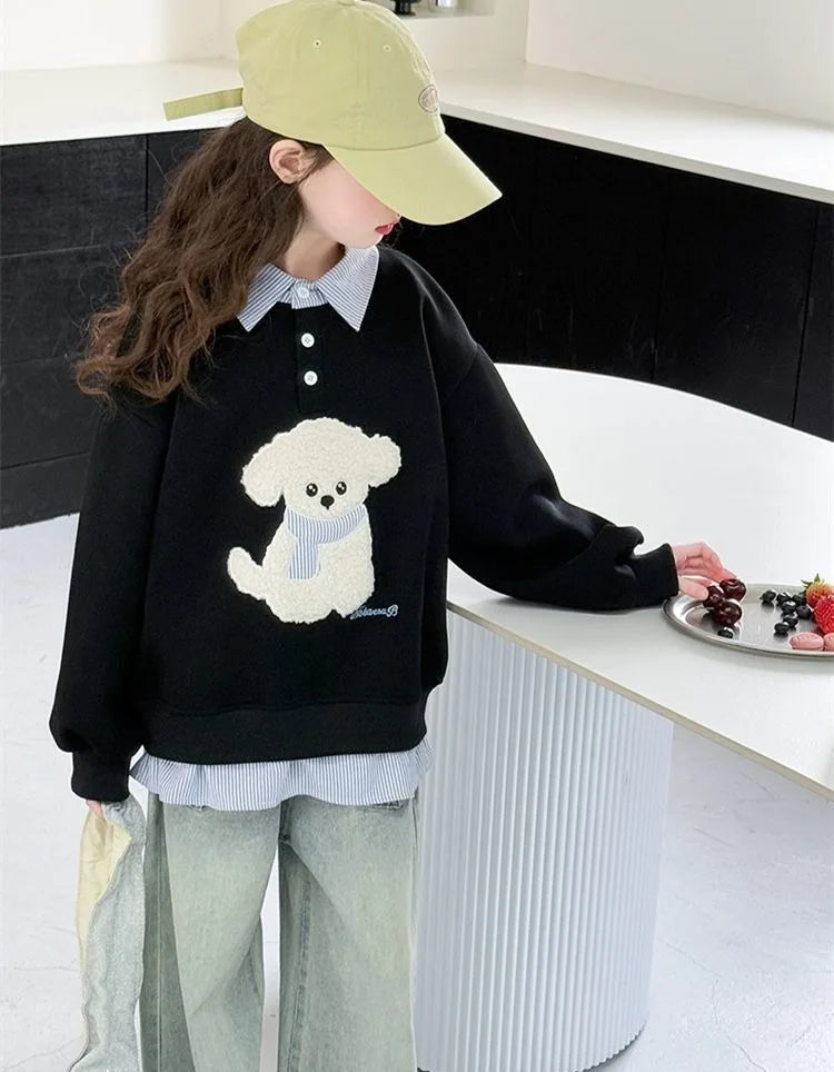Girls Faux Two-Piece Polo Hoodie – Cartoon Puppy Sweatshirt | Sizes 120–170cm