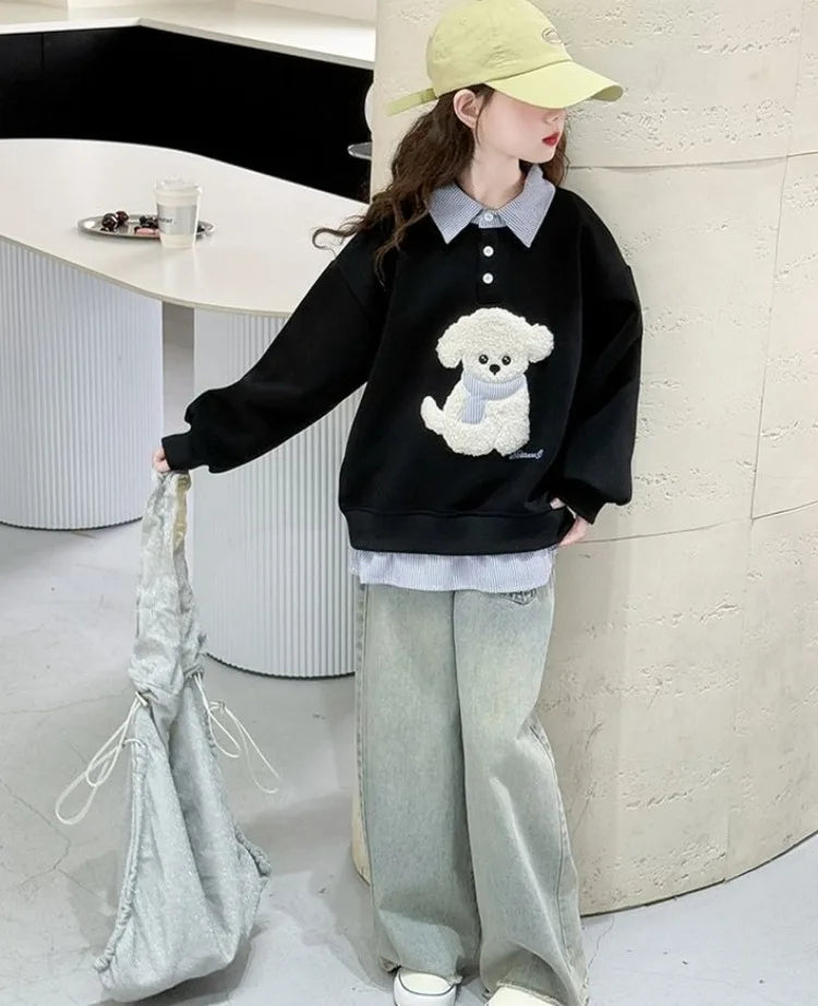 Girls Faux Two-Piece Polo Hoodie – Cartoon Puppy Sweatshirt | Sizes 120–170cm