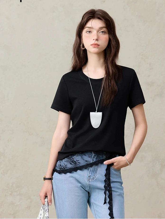 Women's Solid Straight Shoulder Short Sleeve Top | Casual Slimming Round Neck Tee