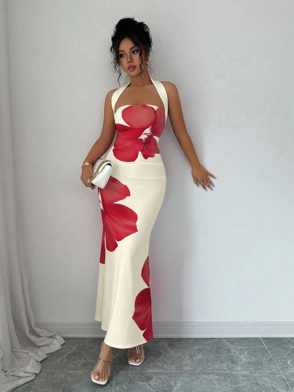 Halter Neck Printed Bodycon Dress – Sexy French Style Wedding Guest Midi Dress