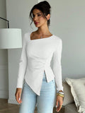 Solid Color Long Sleeve Top | Women's Elegant Asymmetric Hem Casual T-Shirt