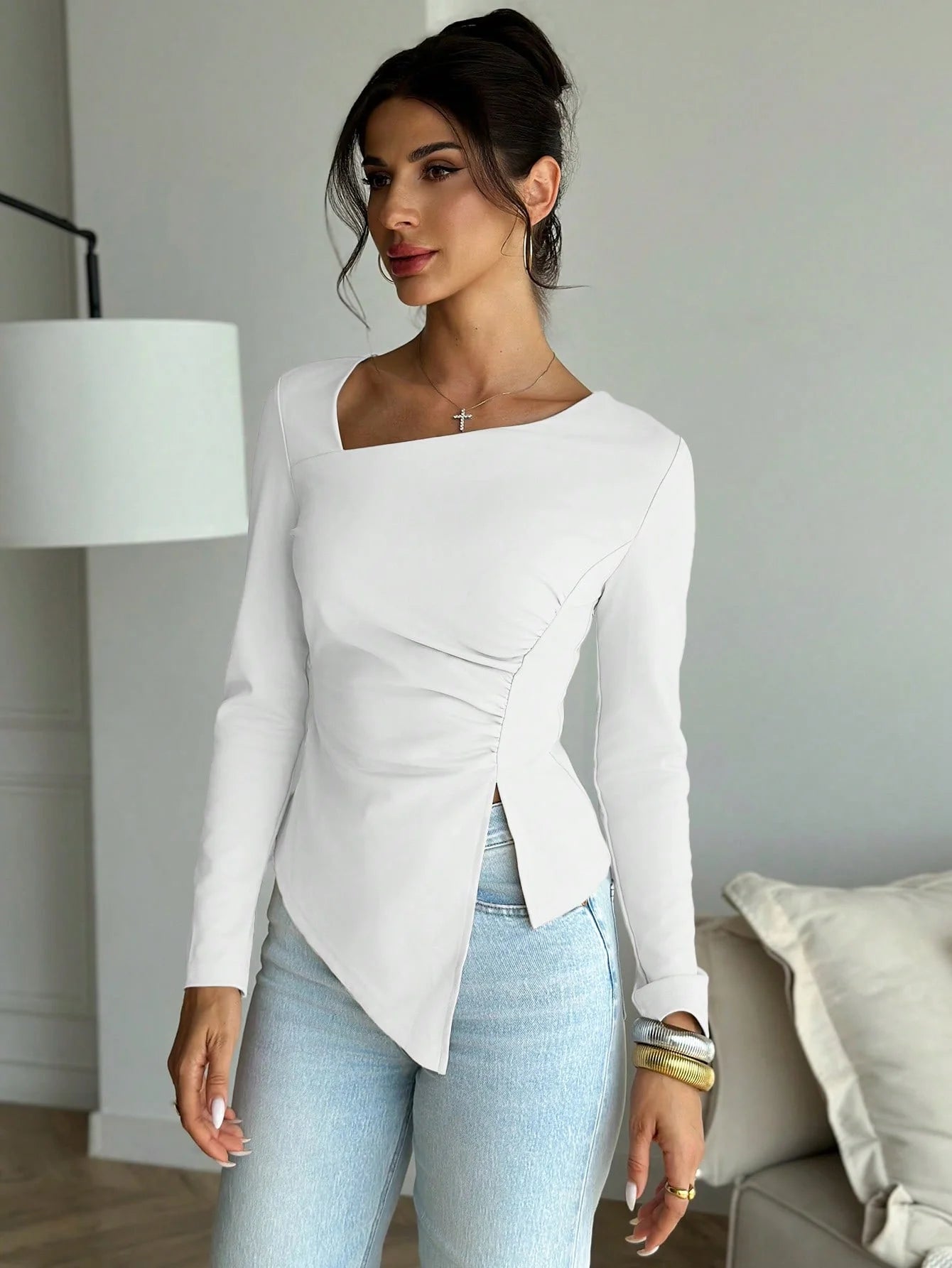 Solid Color Long Sleeve Top | Women's Elegant Asymmetric Hem Casual T-Shirt