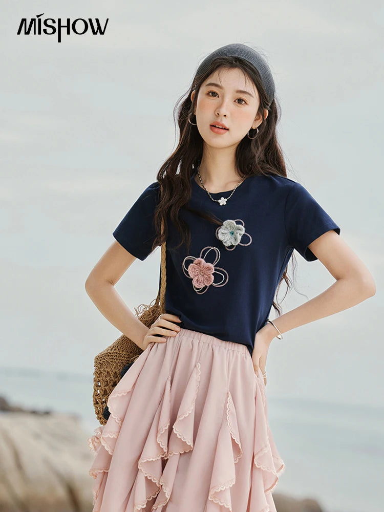 Women's Flower Beaded Short Sleeve Top | Casual Floral Embroidery Round Neck Tee