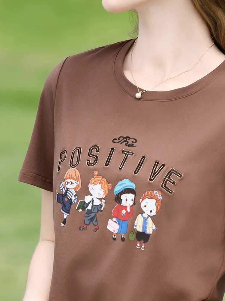 Women's Letter Embroidery Cotton T-Shirt | Casual Cool Short Sleeve Cartoon Print Top