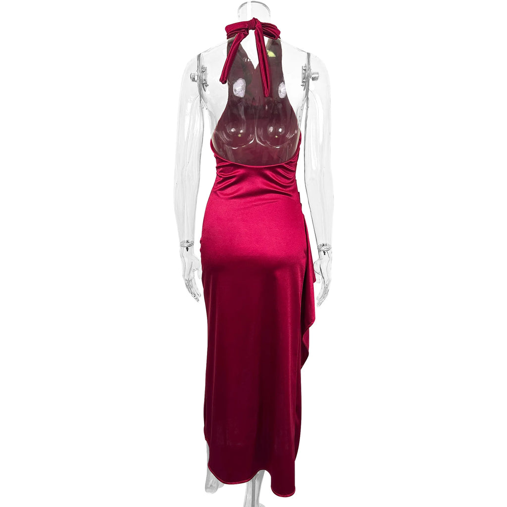 Ruched Backless Bodycon Maxi Dress – Round Neck Sexy Split Long Dress