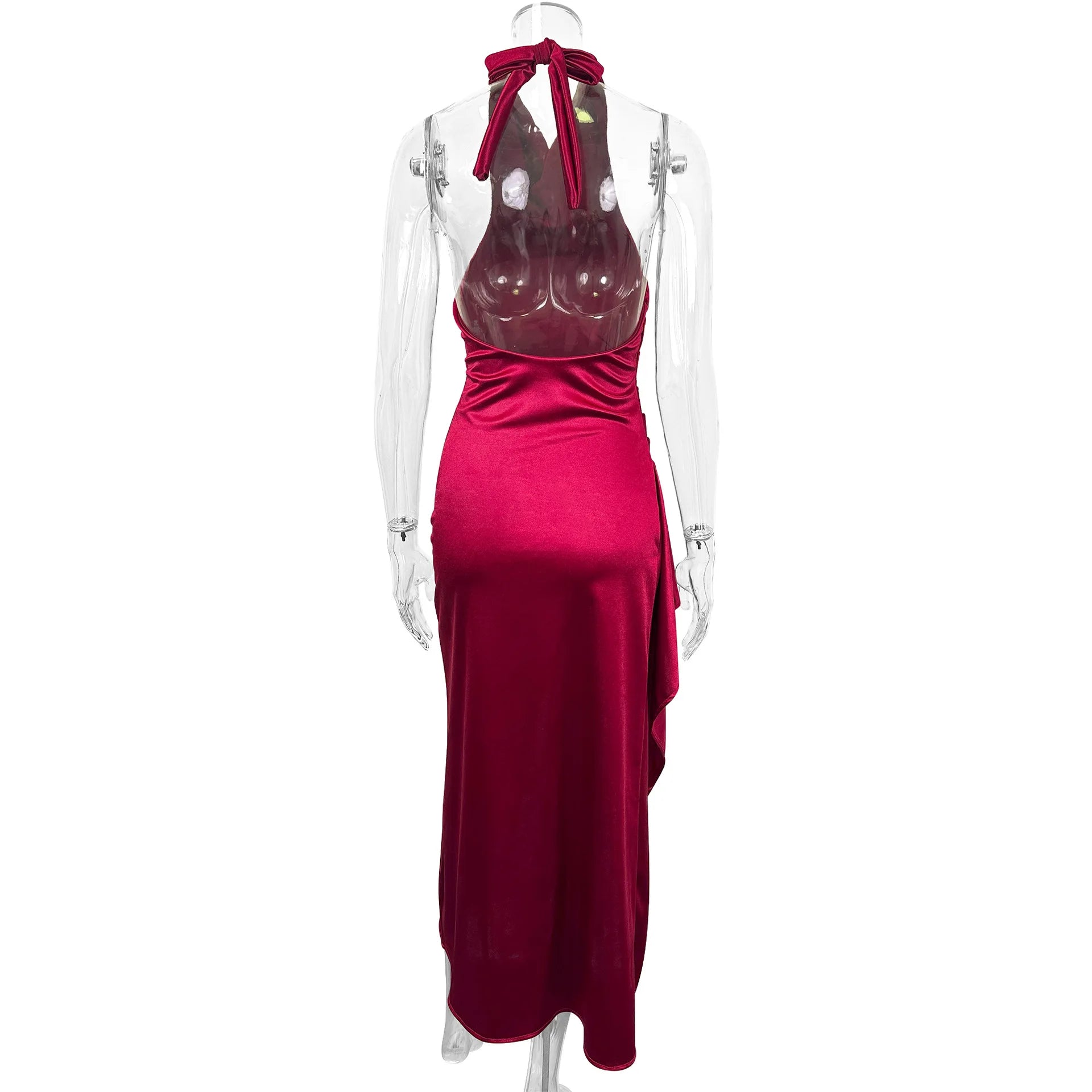 Ruched Backless Bodycon Maxi Dress – Round Neck Sexy Split Long Dress