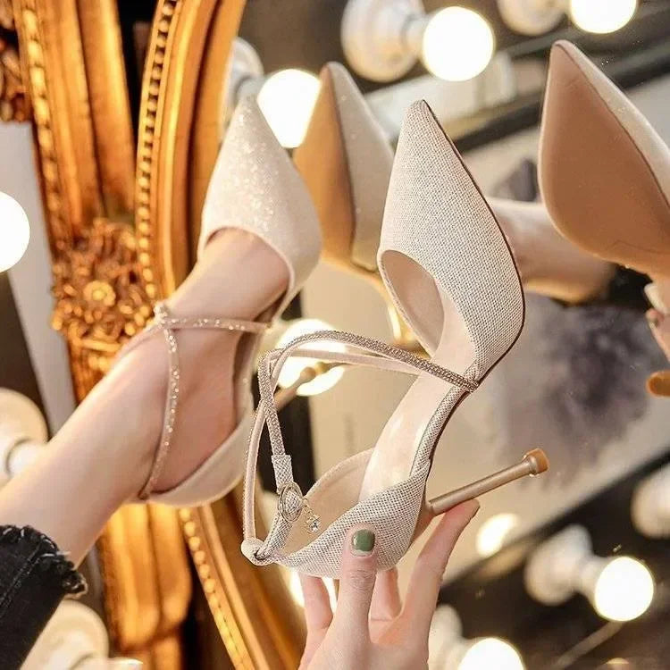 Women's Glitter Sequin Wedding Pumps – Pearl Strap Pointed Toe High Heels