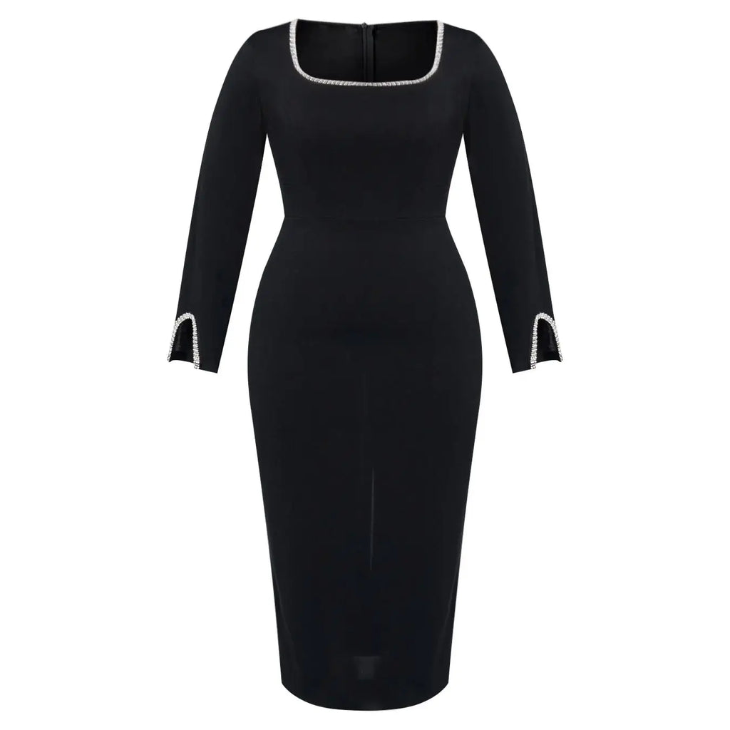 Plus Size Rhinestone Trim Maxi Dress – Square Neck Long Sleeve Slim Evening Dress