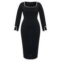 Plus Size Rhinestone Trim Maxi Dress – Square Neck Long Sleeve Slim Evening Dress