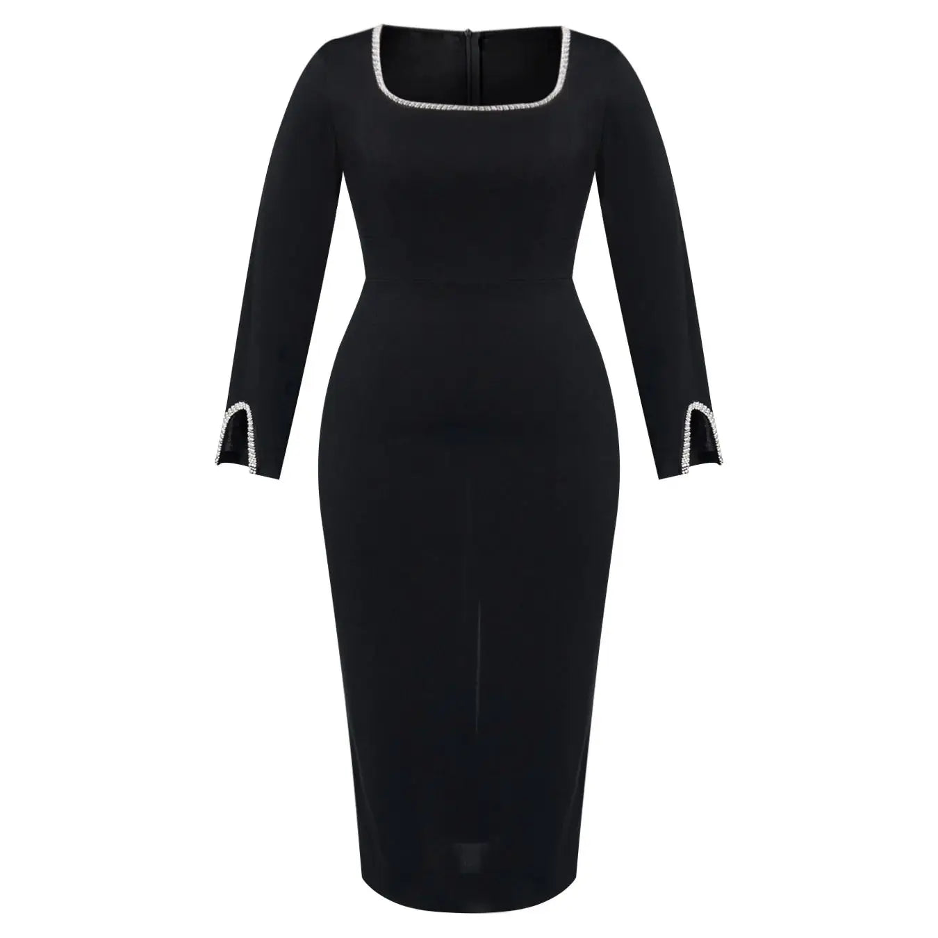 Plus Size Rhinestone Trim Maxi Dress – Square Neck Long Sleeve Slim Evening Dress
