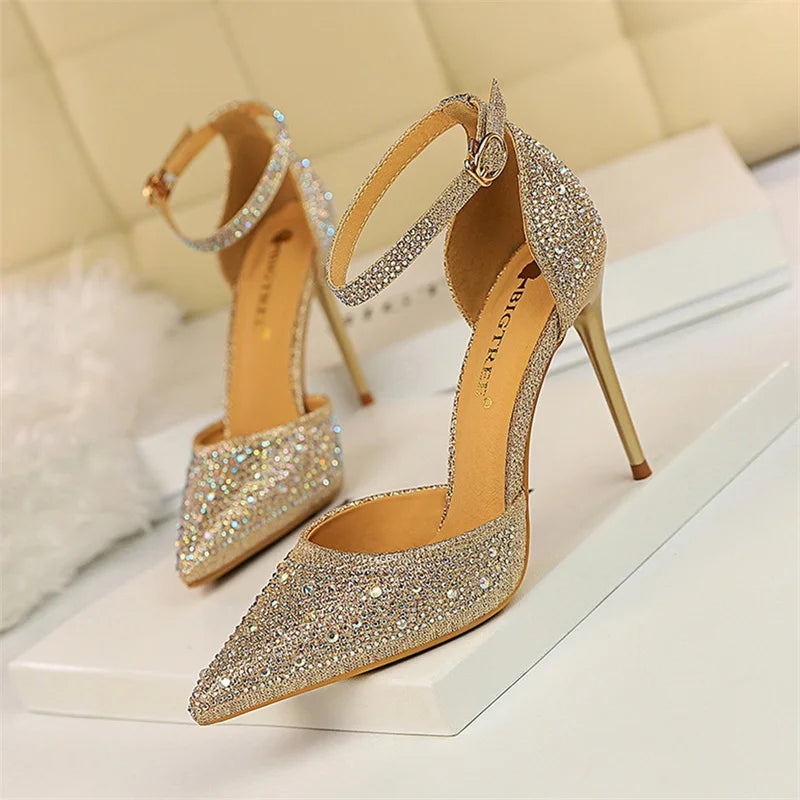 Women's Crystal Rhinestone Stiletto Sandals – Champagne Gold Wedding Heels
