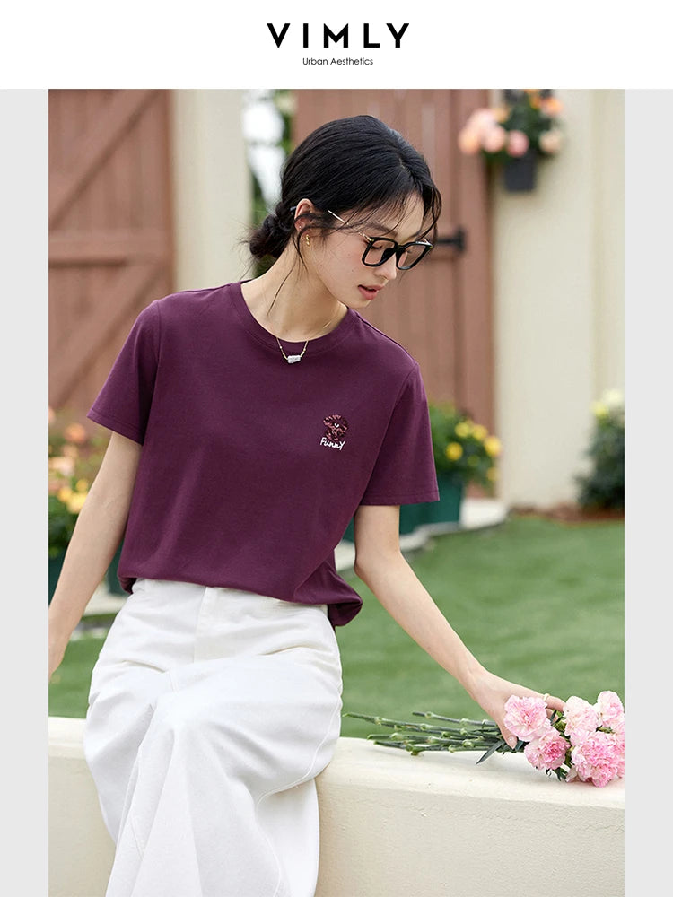 Women's Sequined Embroidered Short Sleeve T-Shirt | Simple Solid Summer Top