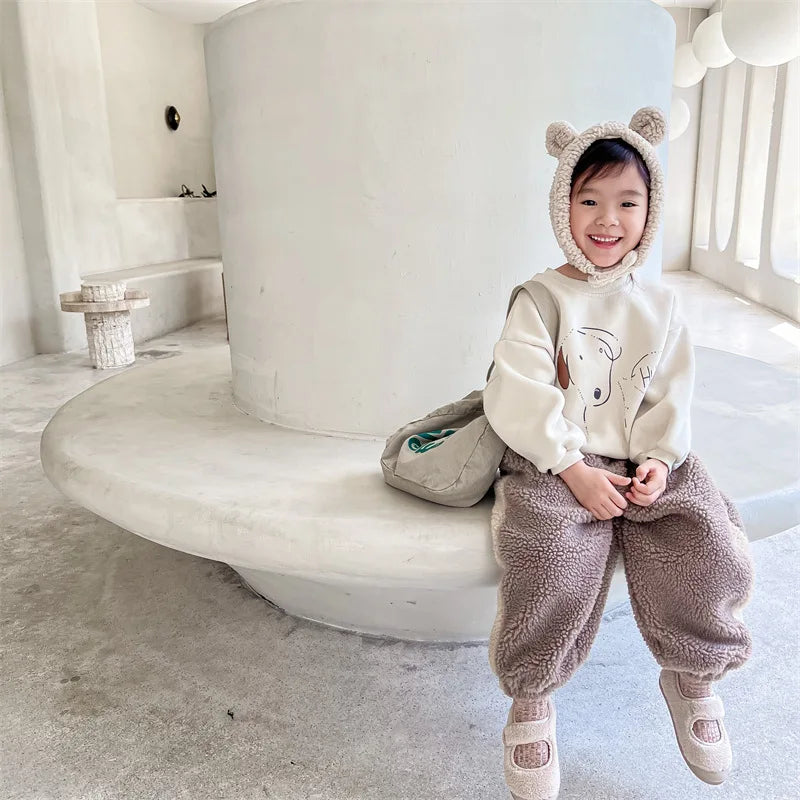 Kids Fleece-Lined Dog Print Sweatshirt – Warm Cotton Pullover for Boys & Girls | Ages 1–6