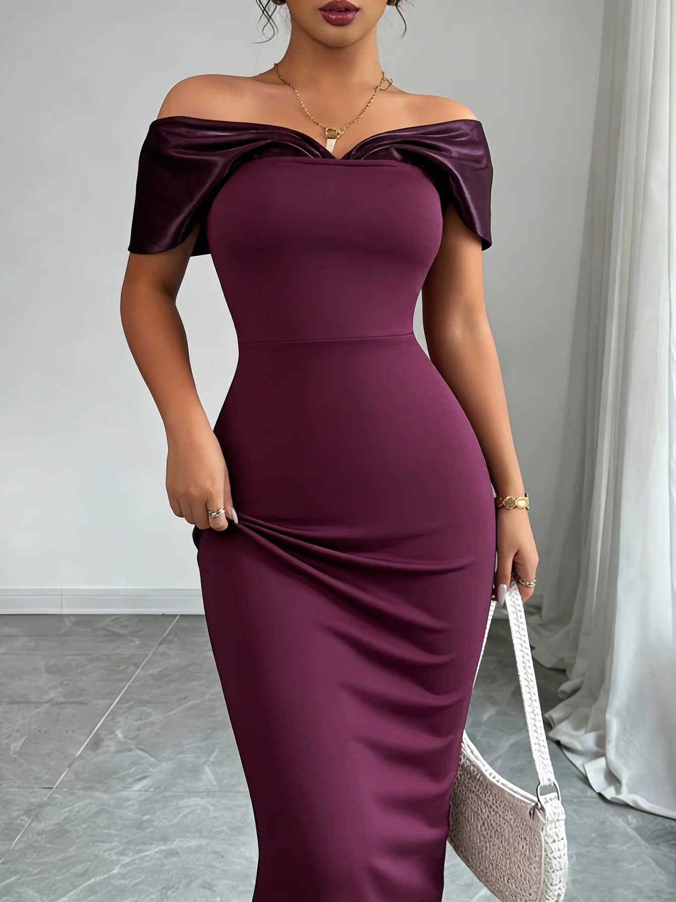 Off-Shoulder Cap Sleeve Plum Satin-Trim Bodycon Maxi Dress – Elegant Party Dress