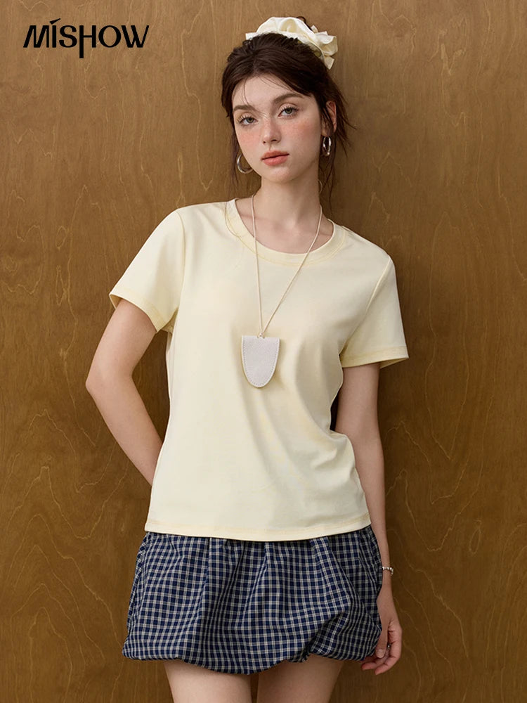 Women's Solid Straight Shoulder Short Sleeve Top | Casual Slimming Round Neck Tee