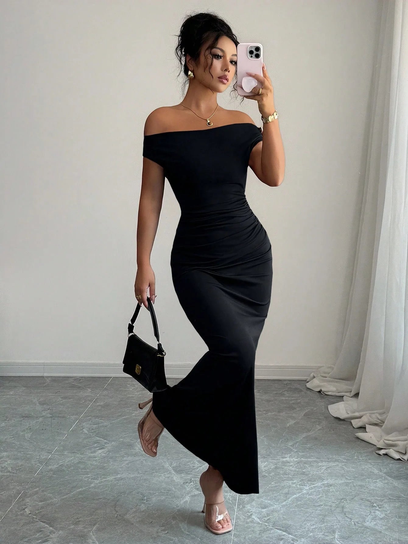 Off-Shoulder Boat Neck Evening Gown – Elegant Ankle-Length Dress for Women