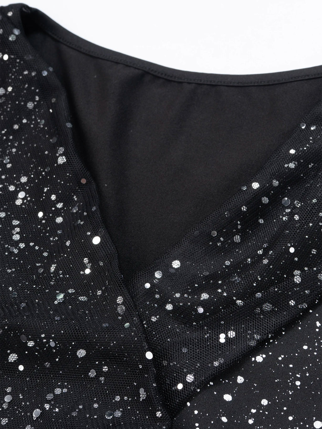 Black Sequin Mermaid Evening Gown – V-Neck Puff Sleeve Sheer Mesh Ruffle Slit Dress