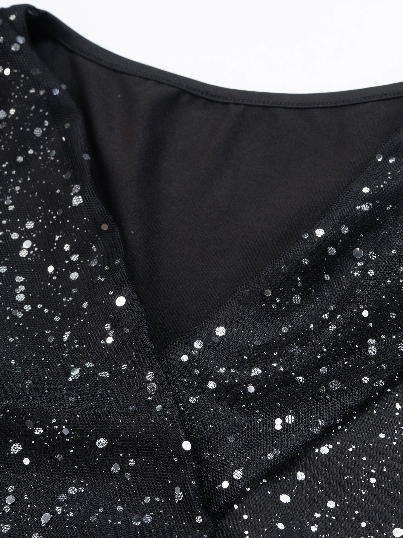 Black Sequin Mermaid Evening Gown – V-Neck Puff Sleeve Sheer Mesh Ruffle Slit Dress