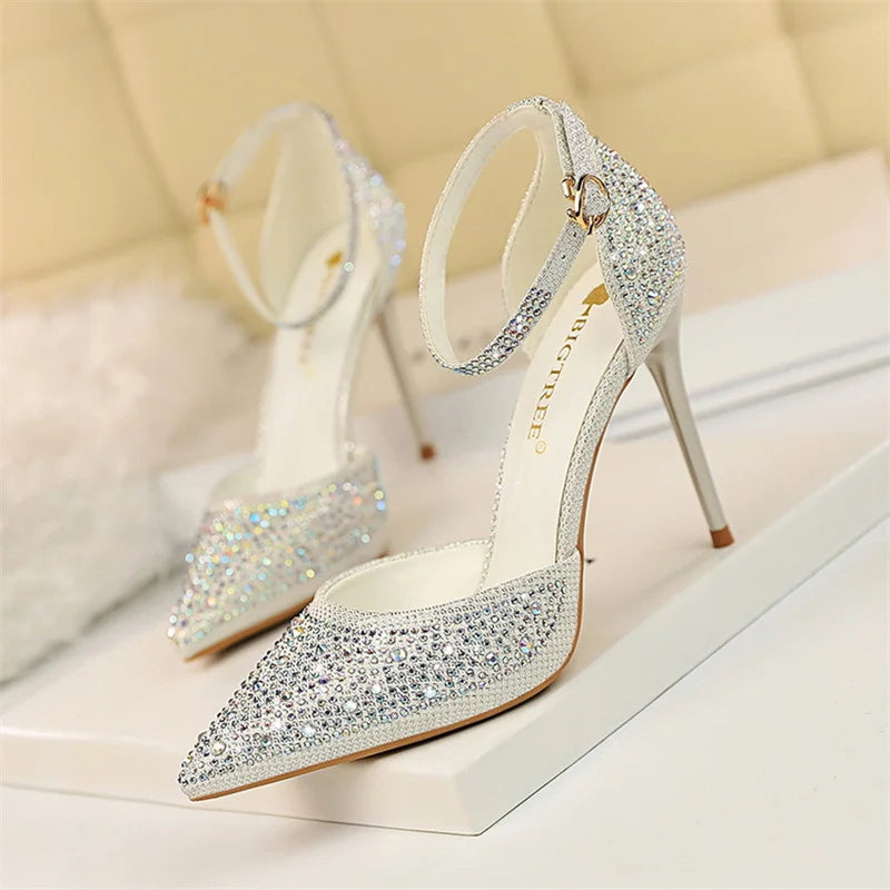 Women's Crystal Rhinestone Stiletto Sandals – Champagne Gold Wedding Heels