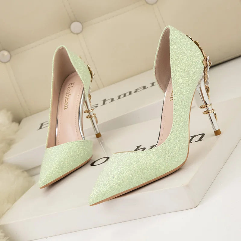 Women's Sequin Metal Flower Stiletto Pumps – Shiny Wedding High Heels