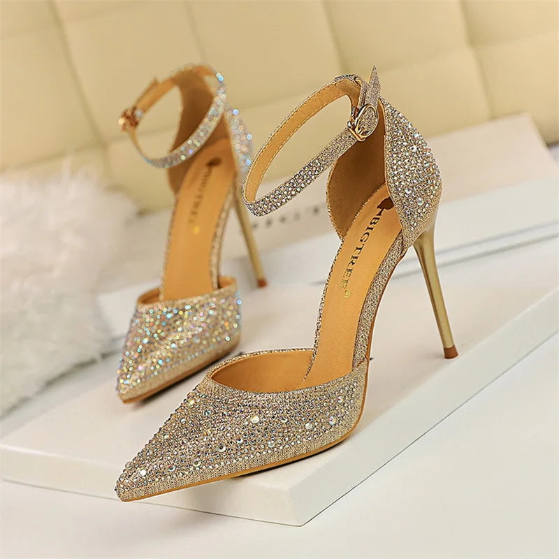Women's Crystal Rhinestone Stiletto Sandals – Champagne Gold Wedding Heels